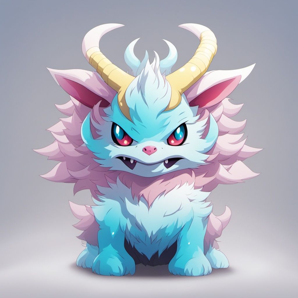 <lora:tang long:0.7>,xun,no humans,solo,pokemon \(creature\),fangs,full body,horns,looking at viewer,grey background,gradient background,gradient,standing,simple background,