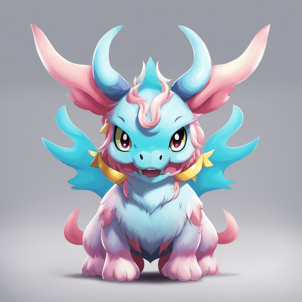 <lora:tang long:0.7>,xun,no humans,solo,pokemon \(creature\),fangs,full body,horns,looking at viewer,grey background,gradient background,gradient,standing,simple background,