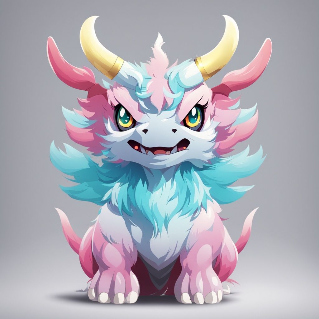 <lora:tang long:0.7>,xun,no humans,solo,pokemon \(creature\),fangs,full body,horns,looking at viewer,grey background,gradient background,gradient,standing,simple background,