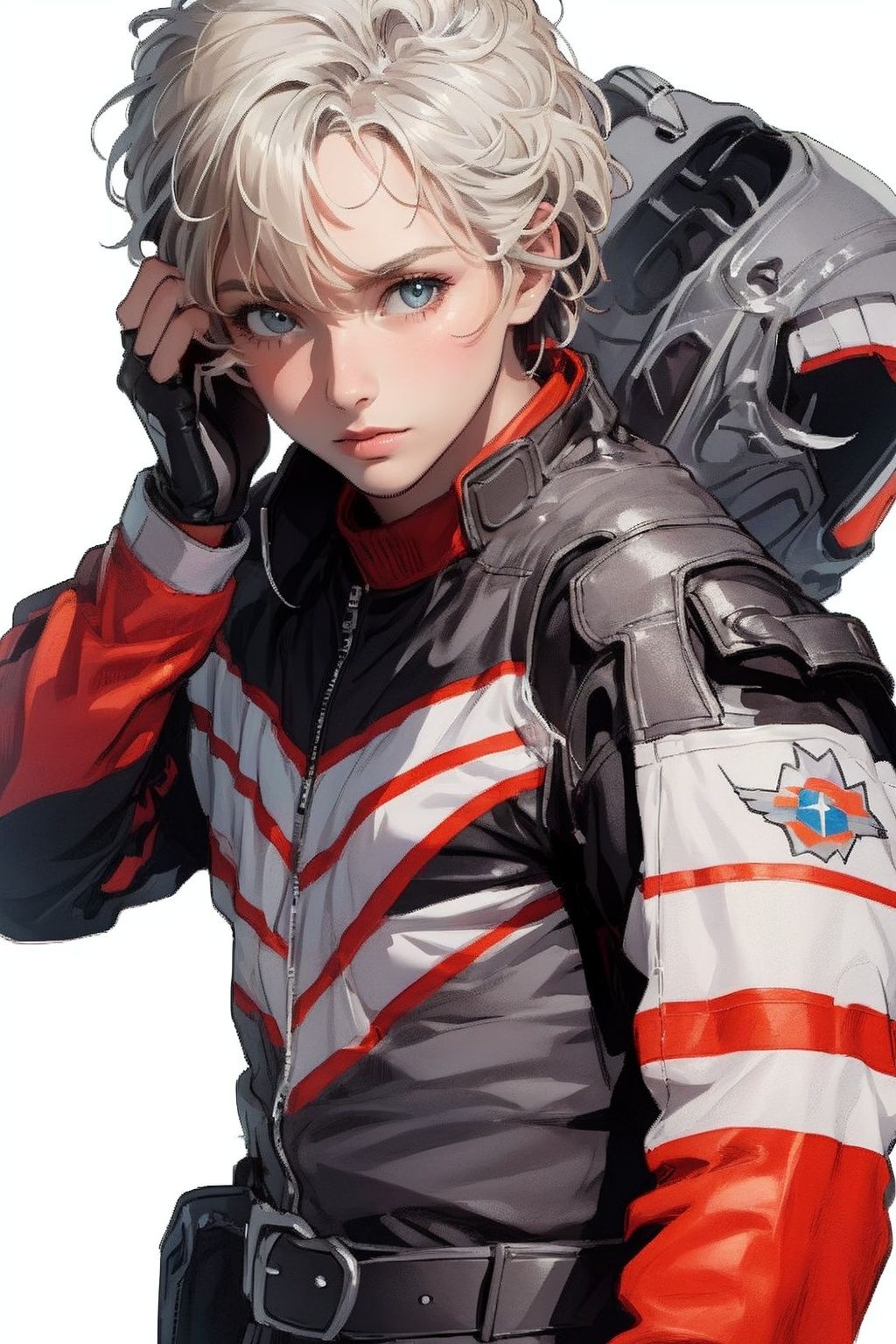 (masterpiece:1.3), (the best quality:1.2), (super fine illustrations:1.2), (Masterpiece), high quality, high detail,((white background:1.2)), looking at viewer, (SOLO:1.4),outline,,simple background, fingerless gloves, jacket, armor, armband, uniform, military uniform