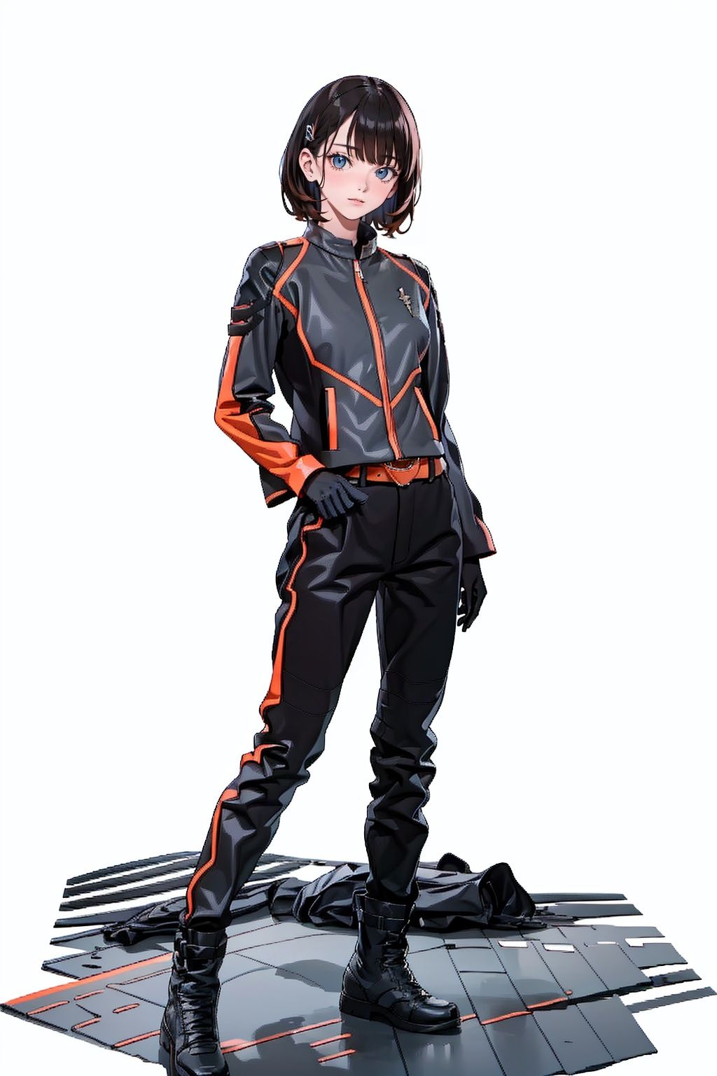 (masterpiece:1.3), (the best quality:1.2), (super fine illustrations:1.2), (Masterpiece), high quality, high detail,((white background:1.2)), looking at viewer, (SOLO:1.4),outline,,simple background,black footwear, military uniform, boots, black pants, pants, jacket, uniform, gloves, belt,