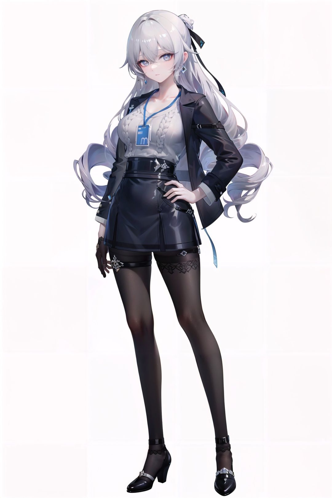 8k, best quality, masterpiece, (ultra-detailed:1.1), (high detailed skin),(full body:1.2), white background, standing, hand on hip, looking at viewer,olyaya, 1girl, grey eyes, bronya zaychik, long hair, grey hair, single glove, pantyhose, skirt, jacket, bangs,<lora:EnvyBetterHands LoCon_beta2 辅助:0.65>, (good hands,nice hands:0.6),(white background, simple background,:1.2),(beautiful_face), ((intricate_detail)), clear face,((finely_detailed)), fine_fabric_emphasis,((glossy)), full_shot,