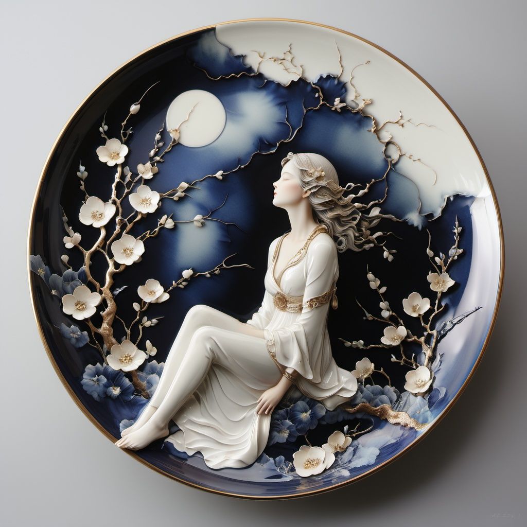arien_porcelain,plate porcelain that A woman under the moon <lora:sdxl_自定义瓷器创意画:1> 