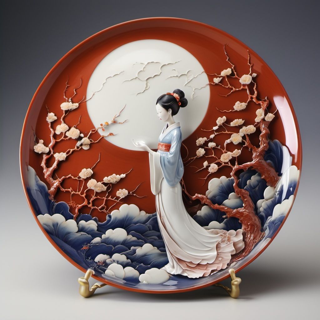 arien_porcelain,plate porcelain that A woman under the moon,(Mid-Autumn Festival) <lora:sdxl_自定义瓷器创意画:1> 