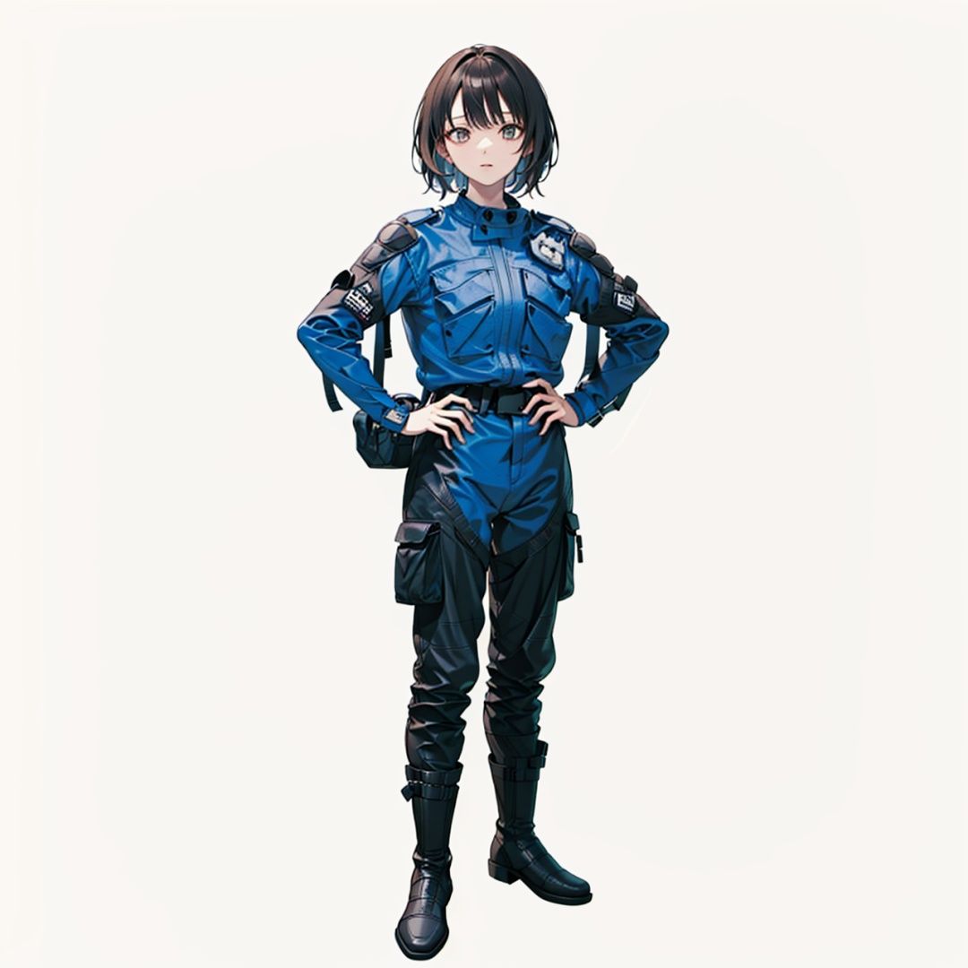 (masterpiece:1.3), (the best quality:1.2), (super fine illustrations:1.2), (Masterpiece), high quality, high detail,((white background:1.2)), looking at viewer, (SOLO:1.4),outline,,simple background,pocket, police uniform, uniform, boots, belt, armor, jacket,