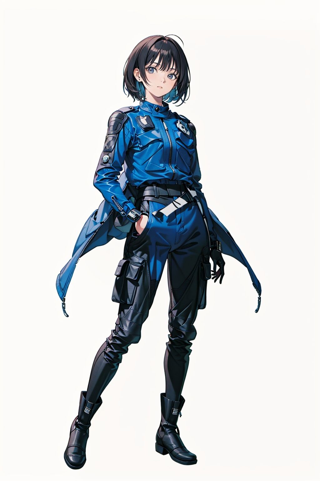 (masterpiece:1.3), (the best quality:1.2), (super fine illustrations:1.2), (Masterpiece), high quality, high detail,((white background:1.2)), looking at viewer, (SOLO:1.4),outline,,simple background,pocket, police uniform, uniform, boots, belt, armor, jacket, 