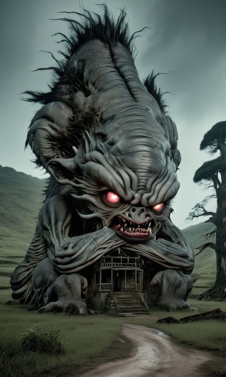 ((masterpiece)),((best quality)),8k,high detailed,ultra-detailed,intricate detail,datougui,monster,,Chinese rural folklore,enormous head,with a sinister aura,haunting a ((countryside ruin)),(menacing:1.2),eerie,Ethereal and chilling presence among the decaying ruins,desaturated color palette,ethereal glitch,capturing the menacing nature of the ghost in the rural ruin,,<lora:datoughost:1>,