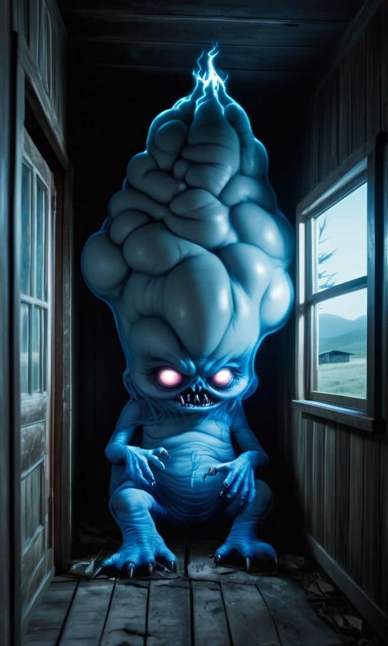((masterpiece)),((best quality)),8k,high detailed,ultra-detailed,intricate detail,datougui,monster,Chinese folklore, horror, a ((big-headed ghost:1.2)), with a child's body, gigantic head, and a tiny lower half, ((rural cabin:1.1)), (haunting:1.2), ethereal and eerie, Abandoned rural cabin with broken windows and creaking doors, eerie moonlight, muted color palette with a pop of ghostly blue, surreal and nightmarish, abstract effects, capturing the haunting presence of the big-headed ghost in a rural cabin,<lora:datoughost:1>,