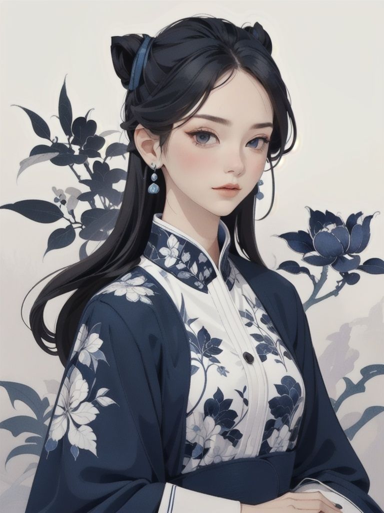 pallor,watercolor painting, masterpiece, best quality, 1cat, smile, (wear Hooded down jacket:1), black swirling vortexes blue cloudy and smoke and blue background, (snowing) (( swirling vortexes black and white hair)), ((long Hair)), ((right side)), emotional face, close up