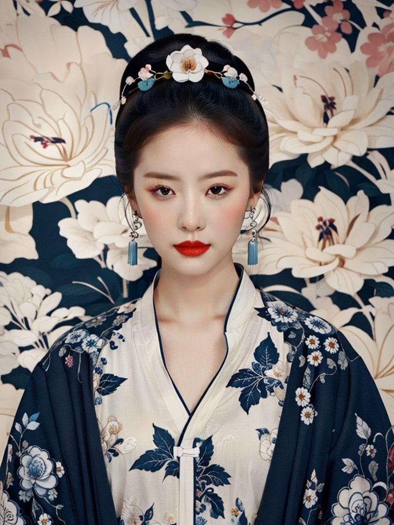 pallor,1girl,black hair,chinese clothes,floral background,floral print,flower hair,ornament,lily \(flower\),portrait,red lips,simple background,solo,white flower,