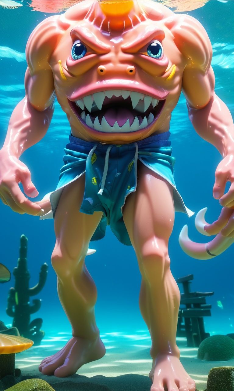 anime artwork ((masterpiece)),((best quality)),8k,high detailed,ultra-detailed,intricate detail,Photography,cute,happy expression,((xingtian wearing a swimming suit)),((monster)),((headless)),((bare shoulders)),(xingtian:2),xingtian swimming under the sea,ISO 400,F2.8 aperture,Shutter speed 1/250,ISO 400,F2.8 aperture,Shutter speed 1/250,<lora:xingtiangui:1>, . anime style, key visual, vibrant, studio anime,  highly detailed