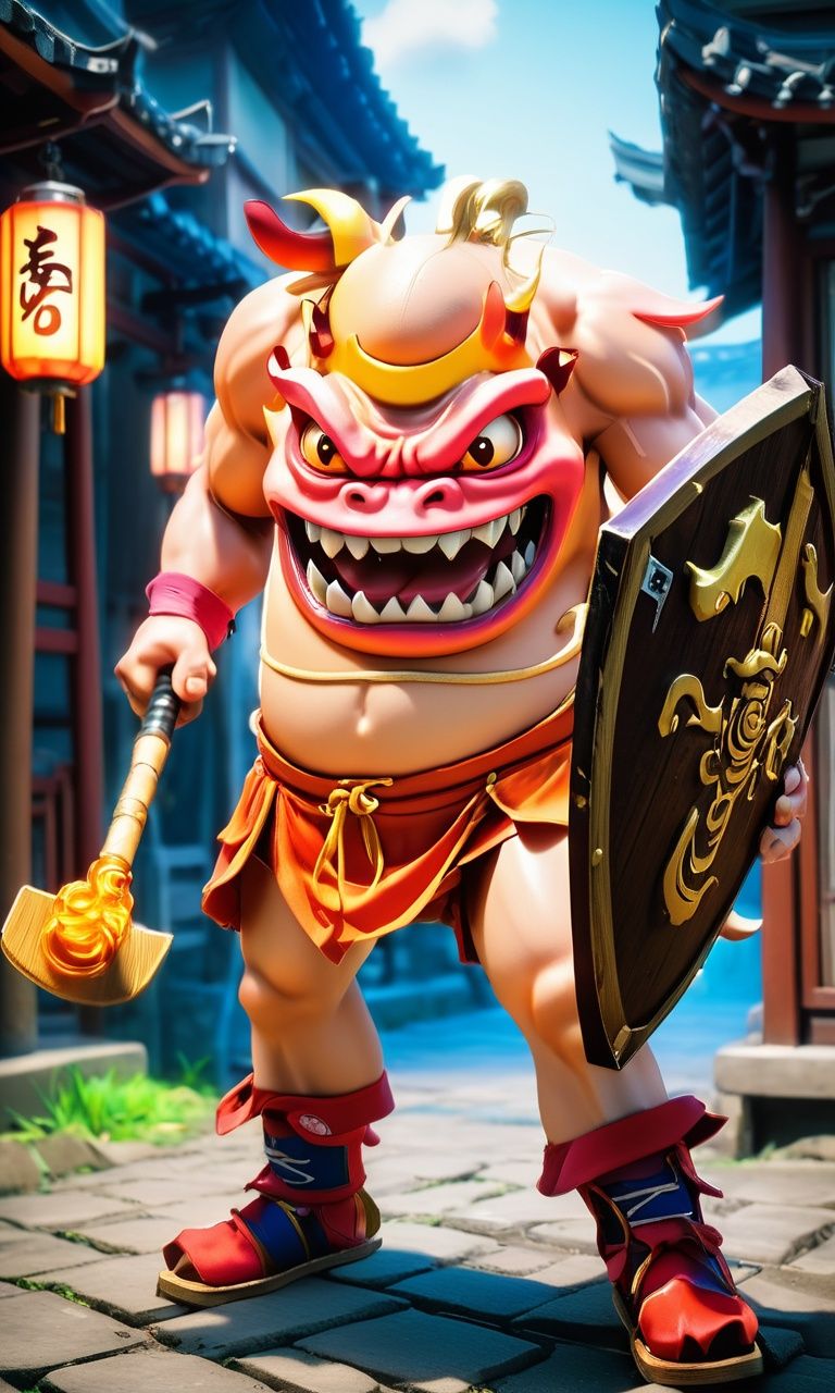 anime artwork ((masterpiece)),((best quality)),8k,high detailed,ultra-detailed,intricate detail,Photography,cute,happy expression,((xingtian wearing a straw hat)),((monster)),((headless)),((bare shoulders)),(xingtian:2),xingtian holding an axe and shield in a city street,ISO 400,F2.8 aperture,Shutter speed 1/250,ISO 400,F2.8 aperture,Shutter speed 1/250,<lora:xingtiangui:1>, . anime style, key visual, vibrant, studio anime,  highly detailed