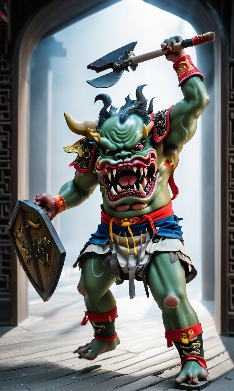 ((masterpiece)),((best quality)),8k,high detailed,ultra-detailed,intricate detail,Photography,headless,bare shoulders,(xingtian),monster boy,xingtian holding shield and axe,ISO 400,F2.8 aperture,Shutter speed 1/250,ISO 400,F2.8 aperture,Shutter speed 1/250,<lora:xingtiangui:1>,