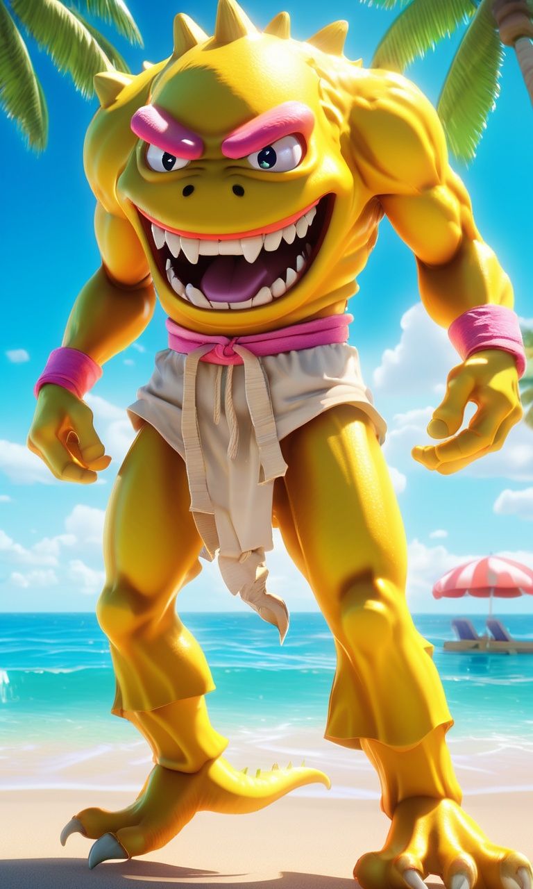 anime artwork ((masterpiece)),((best quality)),8k,high detailed,ultra-detailed,intricate detail,Photography,cute,((monster)),((headless)),((bare shoulders)),(xingtian:2),xingtian wearing a sun hat,(relaxation),(sandy beach with palm trees),(peaceful and sunny),ISO 400,F2.8 aperture,Shutter speed 1/250,ISO 400,F2.8 aperture,Shutter speed 1/250,<lora:xingtiangui:1>, . anime style, key visual, vibrant, studio anime,  highly detailed
