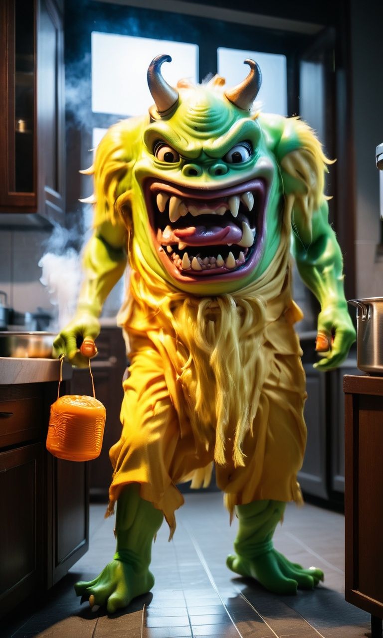 ((masterpiece)),((best quality)),8k,high detailed,ultra-detailed,intricate detail,Photography,headless,bare shoulders,(xingtian),monster boy,xingtian cooking dinner in kitchen of an Upscale hotel wearing a cooker outfit,ISO 400,F2.8 aperture,Shutter speed 1/250,ISO 400,F2.8 aperture,Shutter speed 1/250,<lora:xingtiangui:1>,