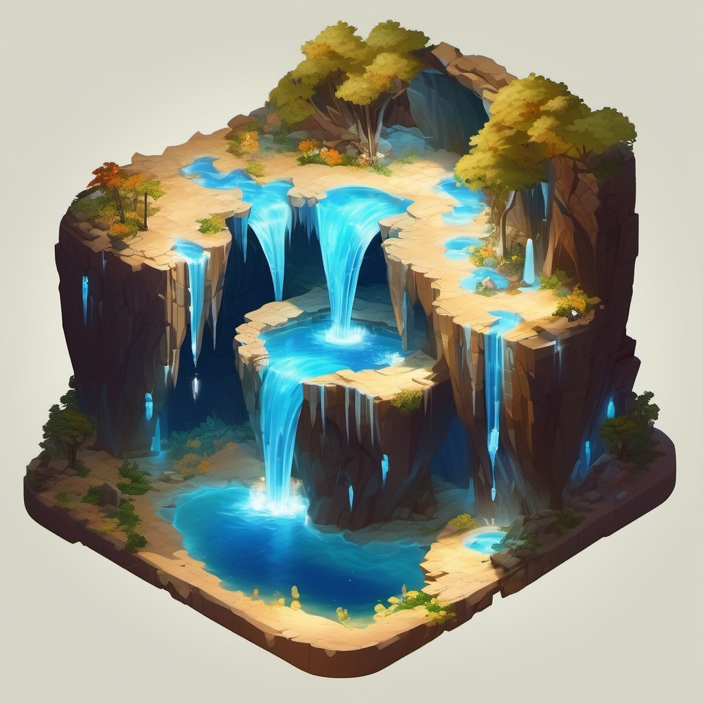 The big bright cave is lit by flowing blue water that glows with waterfalls and white leafy trees,  isometric style by noc...