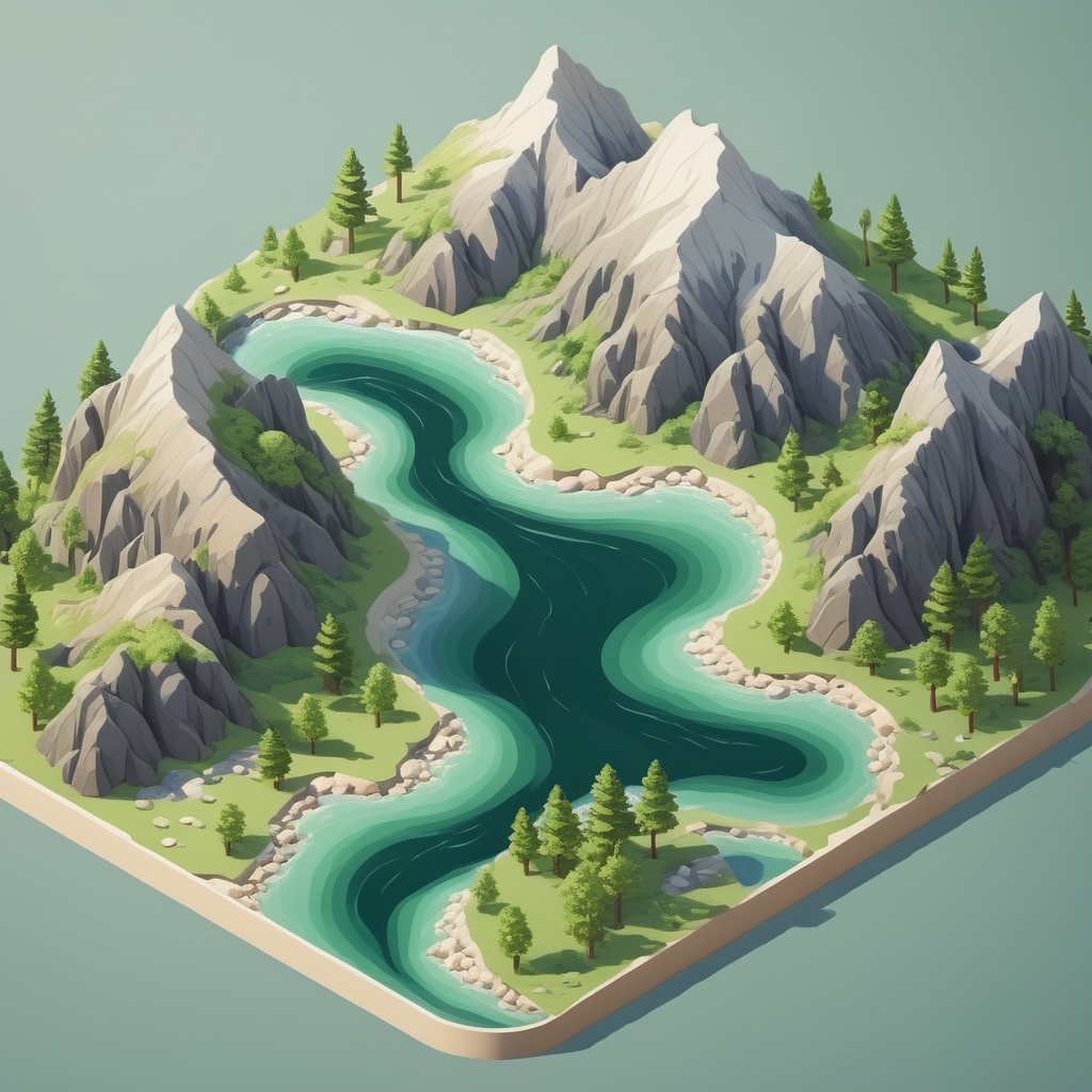 picture of river flowing in beautiful mountains clear water and green trees,  isometric style by nocor1i8 on Tensor.Art