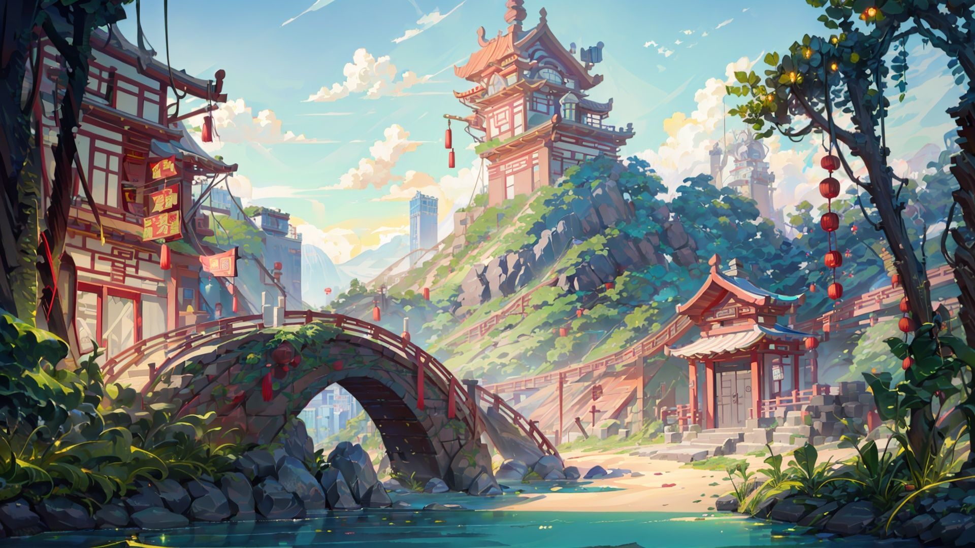 (((masterpiece))), ((extremely detailed CG unity 8k wallpaper)), best quality, high resolution illustration, Amazing, highres, intricate detail, (best illumination, best shadow, an extremely delicate and beautiful),
2D ConceptualDesign, scenery, outdoors, cloud, day, sky, tree, blue sky, mountain, landscape, water, backpack,(chinese new year:1.2)