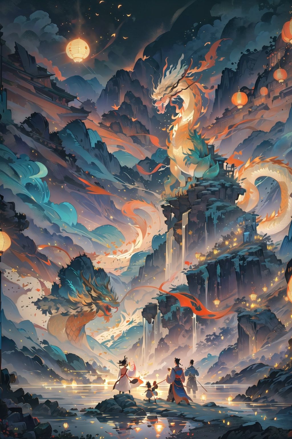 (((masterpiece))), ((extremely detailed CG unity 8k wallpaper)), best quality, high resolution illustration, Amazing, highres, intricate detail, (best illumination, best shadow, an extremely delicate and beautiful),

qiuyinong, eastern dragon, angry giant dragon,flood,thunder,ocean,storm,multiple people inthe mountain,  weapon, facing away, Chinese clothes,Hanfu, sword, paper lantern, sky, standing, child, black hair, outdoors, holding, myth,2D ConceptualDesign