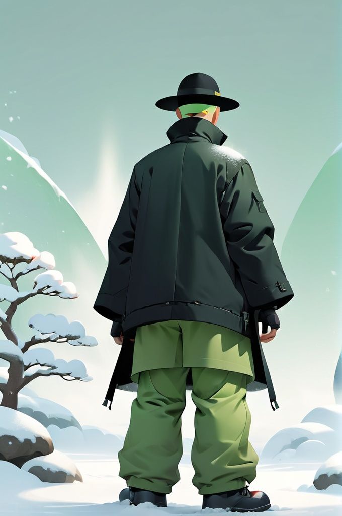 graphic,zen,illustrations,a man in a black jacket and green pants standing in the snow with his back to the camera and his hat on