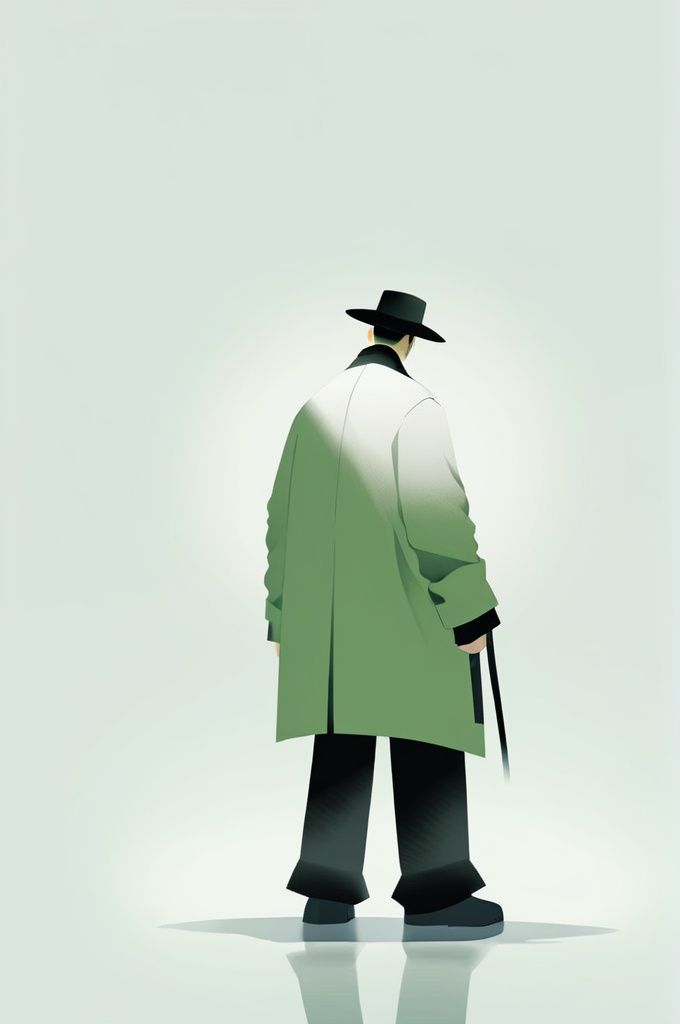 graphic,zen,illustrations,a man in a black jacket and green pants standing in the snow with his back to the camera and his hat on