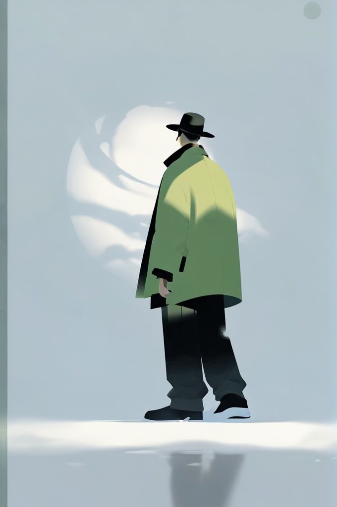 graphic,zen,illustrations,a man in a black jacket and green pants standing in the snow with his back to the camera and his hat on