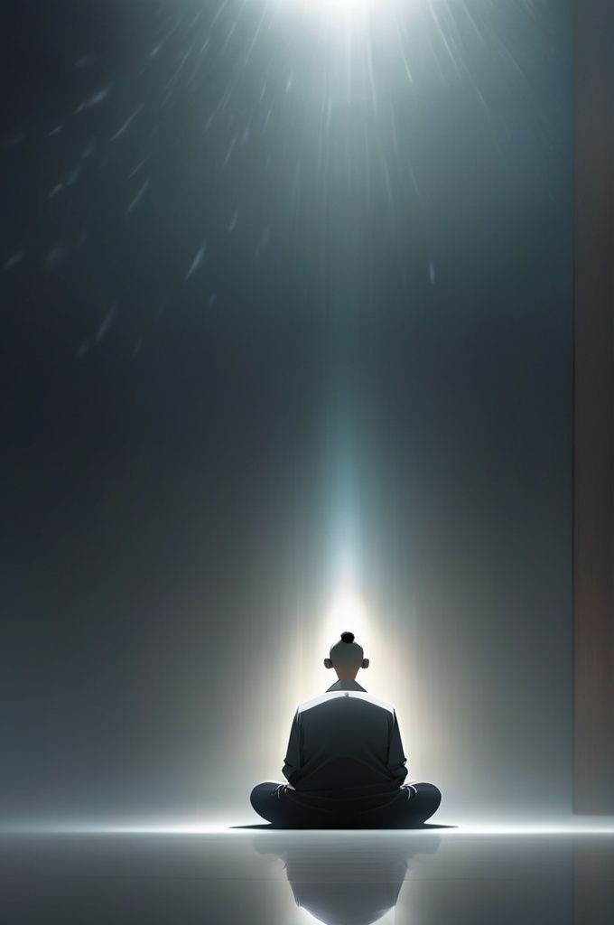 a man sitting on a floor in front of a dark sky with a light shining on him and a cloud in the background, graphic,zen,illustrations