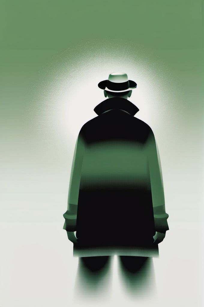 graphic,zen,illustrations,a man in a black jacket and green pants standing in the snow with his back to the camera and his hat on