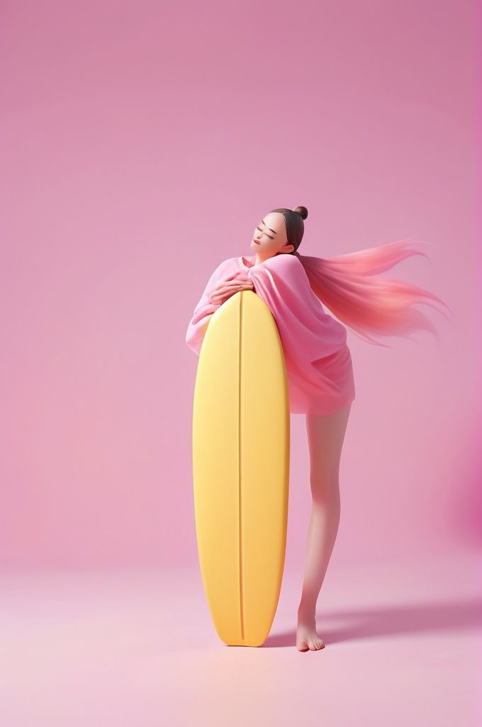 a woman is riding a surfboard with a long hair and a ponytail on her head, in a pink background, closed eyes, closed mouth, colored skin, full body, gradient, gradient background, pink background