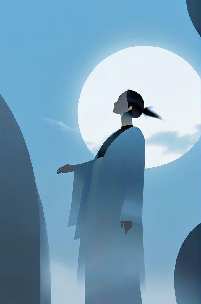 a woman,black hair, blue sky, glowing, sky, solo, standing,graphic,zen,illustrations,