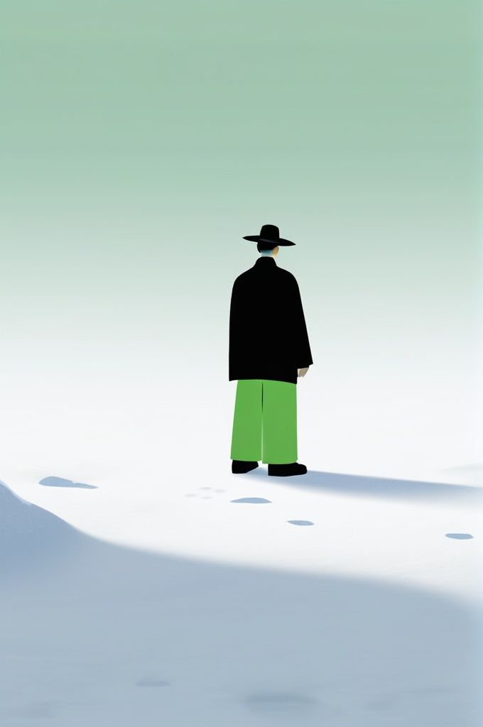 graphic,zen,illustrations,a man in a black jacket and green pants standing in the snow with his back to the camera and his hat on