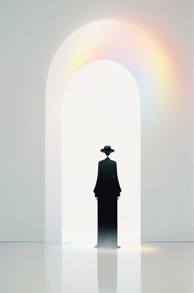 a woman with a black dress and a white hat is standing in a white room with a rainbow, graphic,zen,illustrations