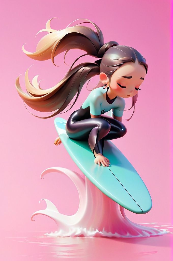 a woman is riding a surfboard with a long hair and a ponytail on her head, in a pink background, closed eyes, closed mouth, colored skin, full body, gradient, gradient background, pink background