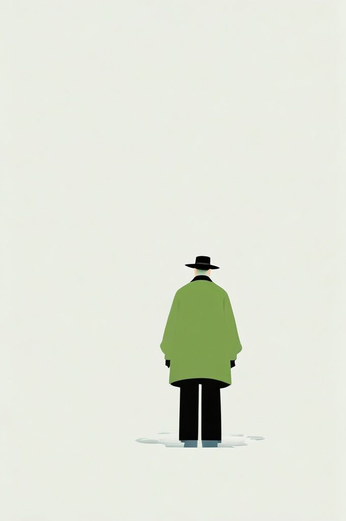 graphic,zen,illustrations,a man in a black jacket and green pants standing in the snow with his back to the camera and his hat on