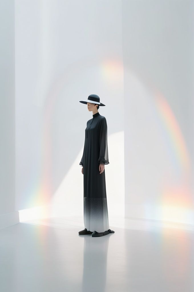 a woman with a black dress and a white hat is standing in a white room with a rainbow, graphic,zen,illustrations