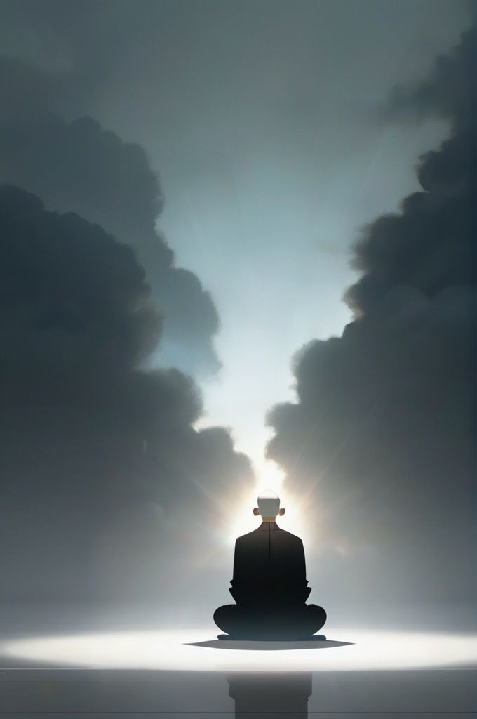 a man sitting on a floor in front of a dark sky with a light shining on him and a cloud in the background, graphic,zen,illustrations
