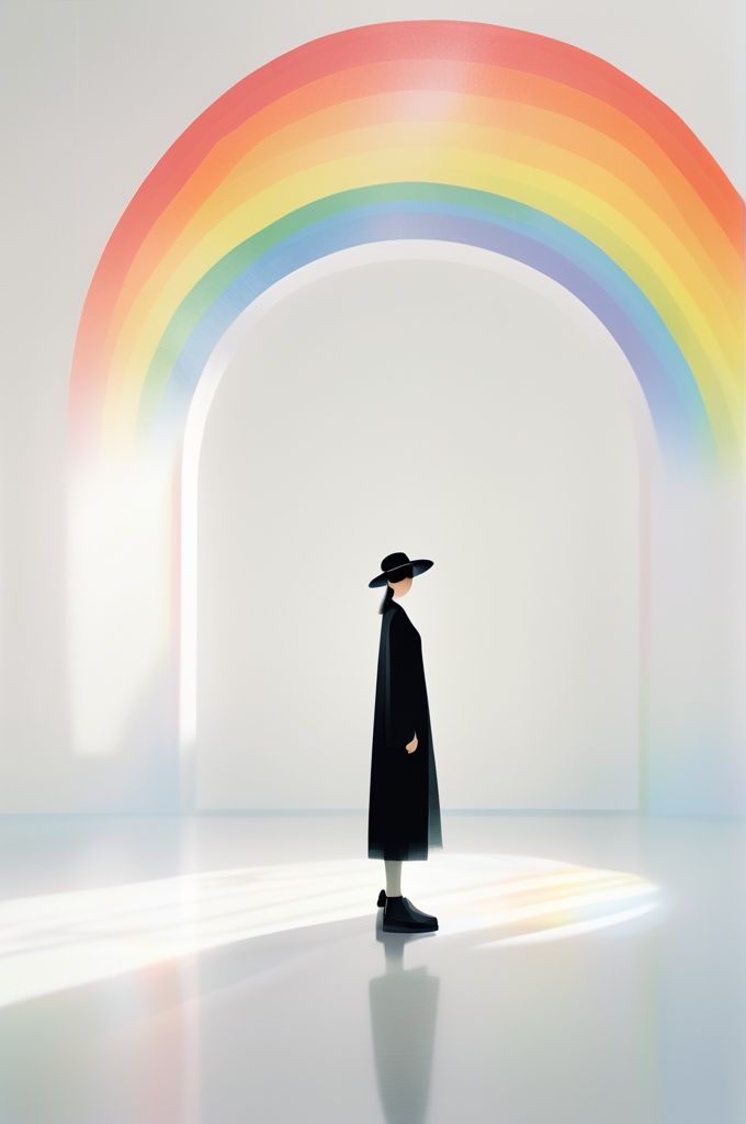 a woman with a black dress and a white hat is standing in a white room with a rainbow, graphic,zen,illustrations