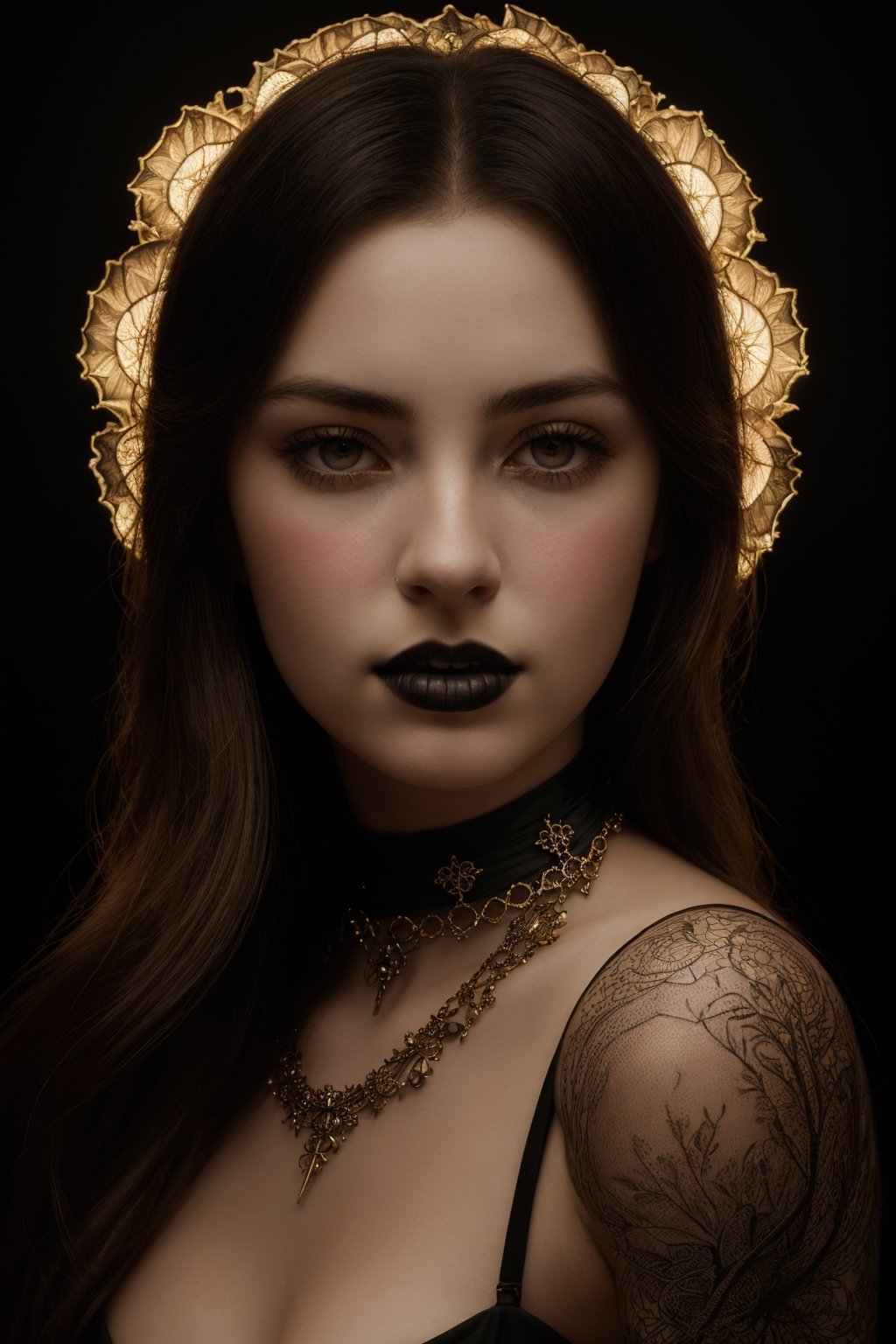 A mesmerizing hyperdetailed 4K concept art portrait,  ,  Her hair adorned with a striking blend of black and gold strands...