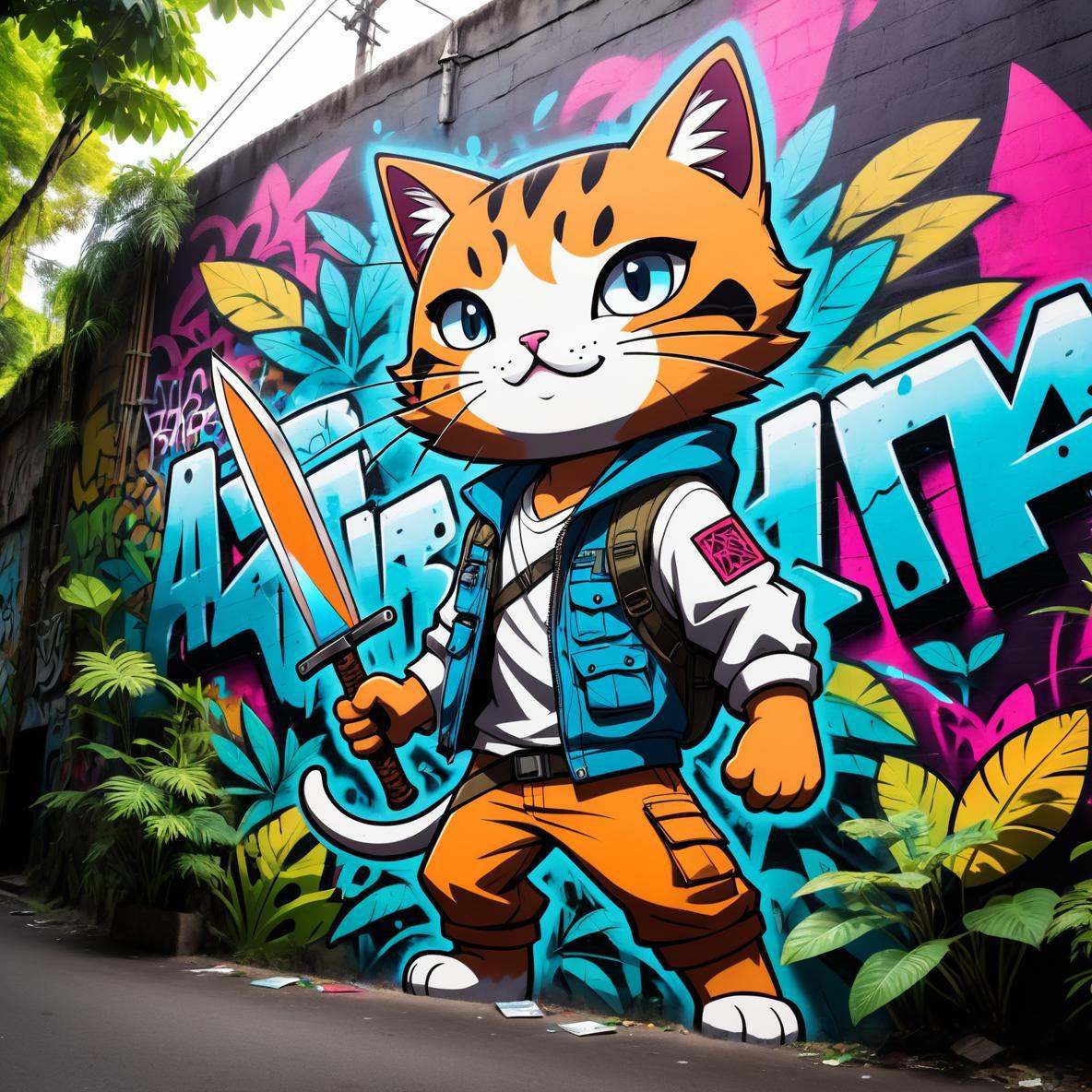 Graffiti style anime style,  adventurer cat,  dense jungle on Tensor.Art