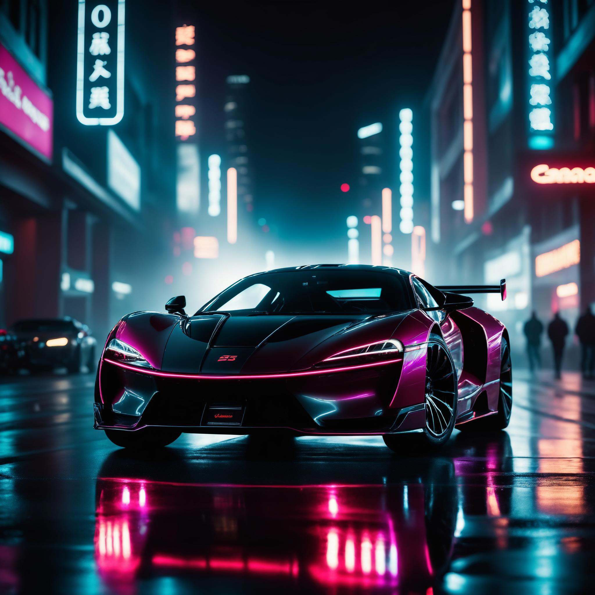 cinematic film still cyberpunk sportscar riding into a dark neon lighted city,  amazing details,  masterpiece on Tensor.Art