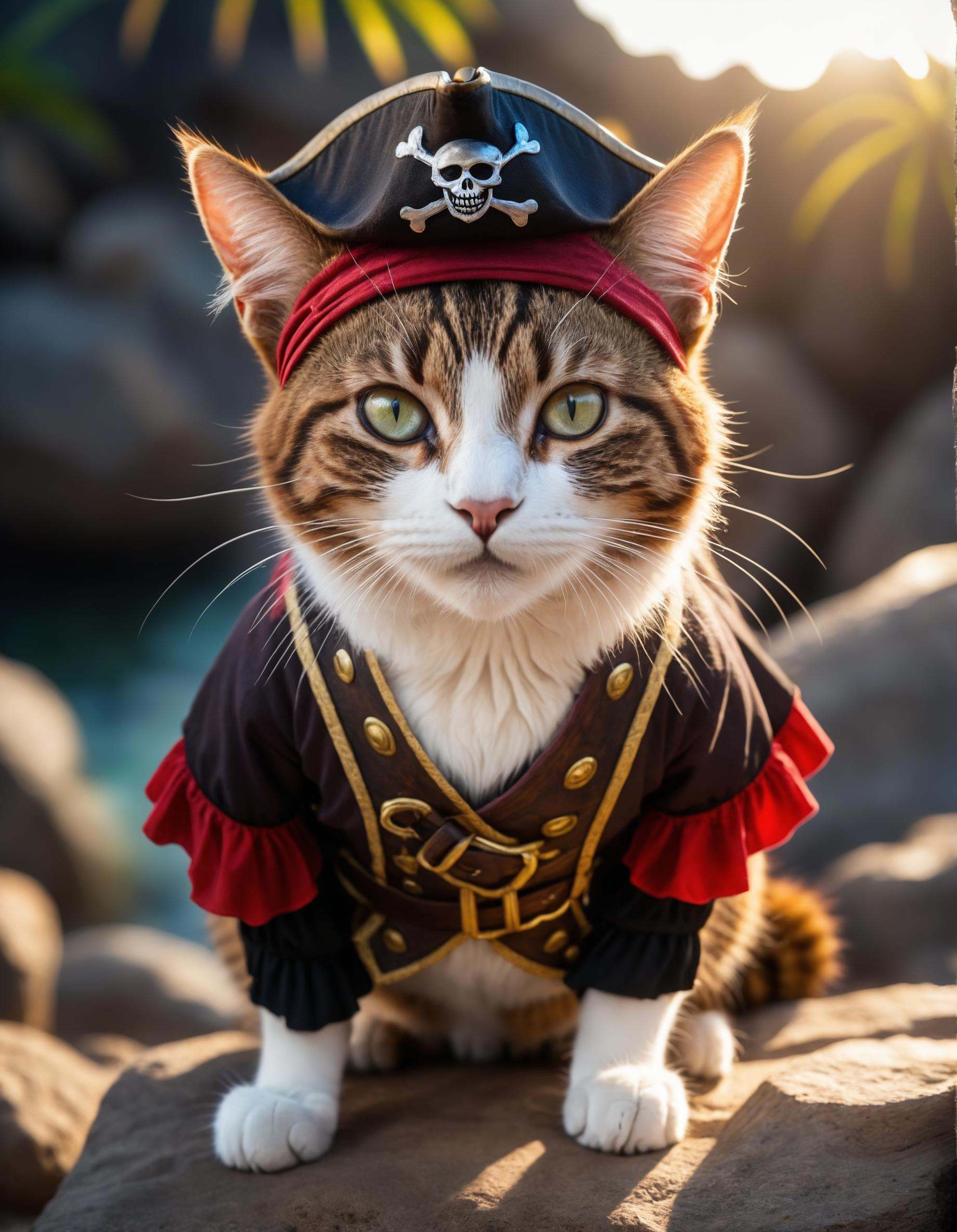 (a pirate_cat),  ,  searching for treasure on Tensor.Art