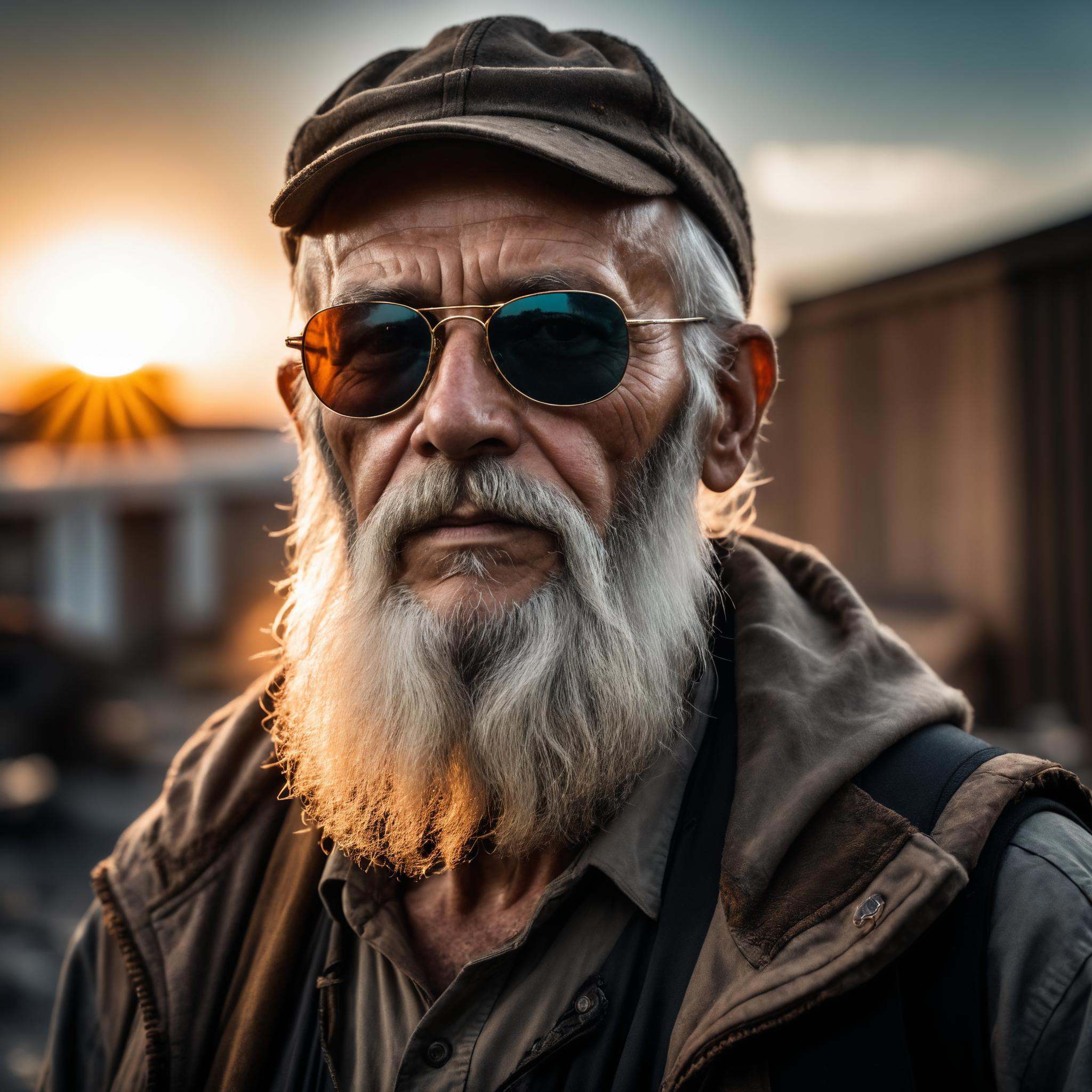 (old man with sunclasses and big beard),  postapocalyptic,  epic scene on Tensor.Art