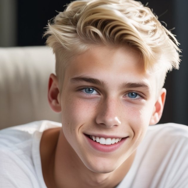 a handsome **** blond boy at home,  smile,  sharp focus on Tensor.Art