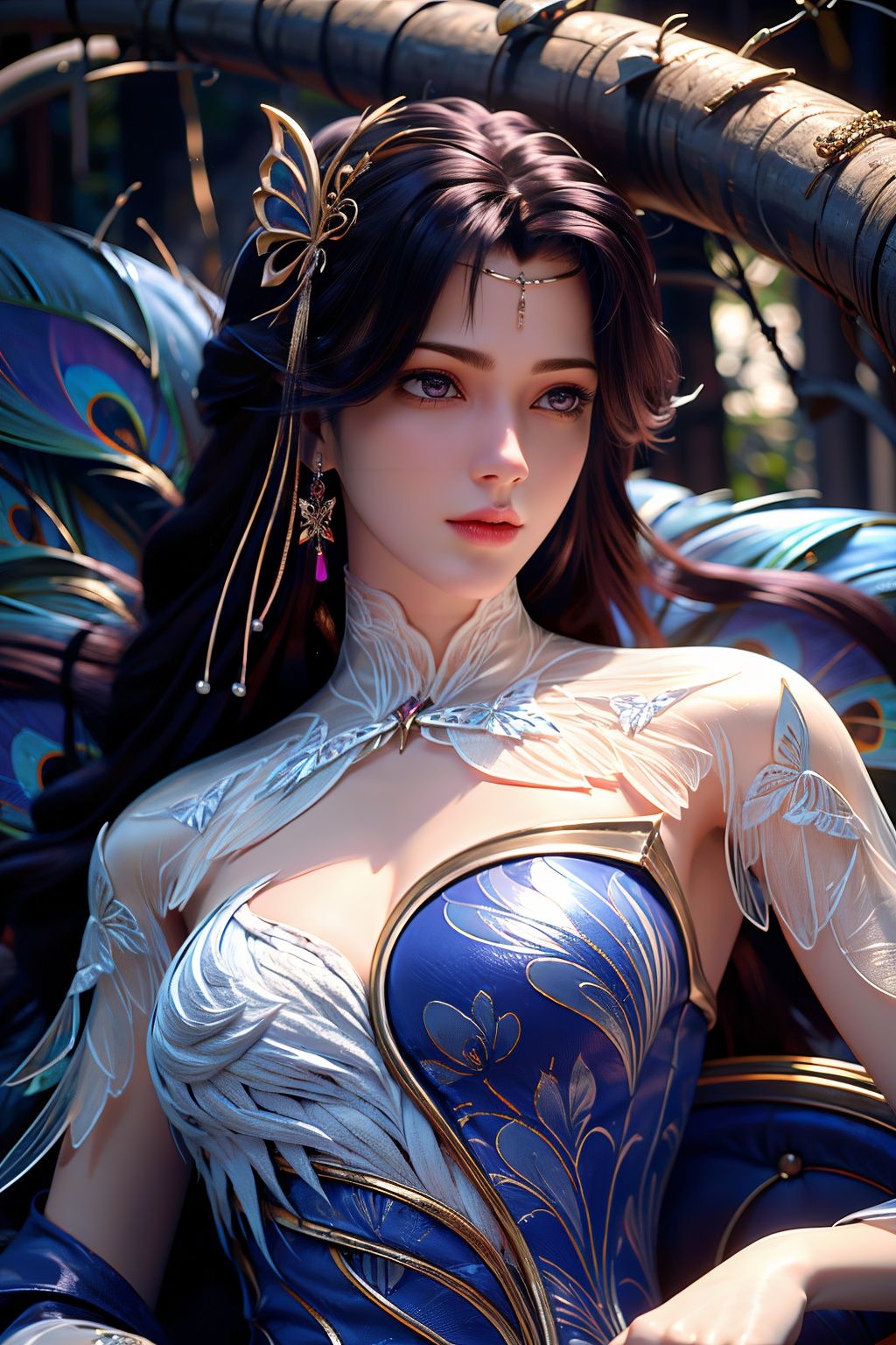 Best Quality, masterpiece, ultra-high resolution, (photo realistic: 1.4) , Surrealism, Fantastical verisimilitude, beautiful blue-skinned goddess Phoenix Peacock on her head, fantastical creation, thriller color scheme, surrealism, abstract, psychedelic, 1 girl,flower,castle,jyy-hd,1 girl,mds-hd,xwhd,yx-hd