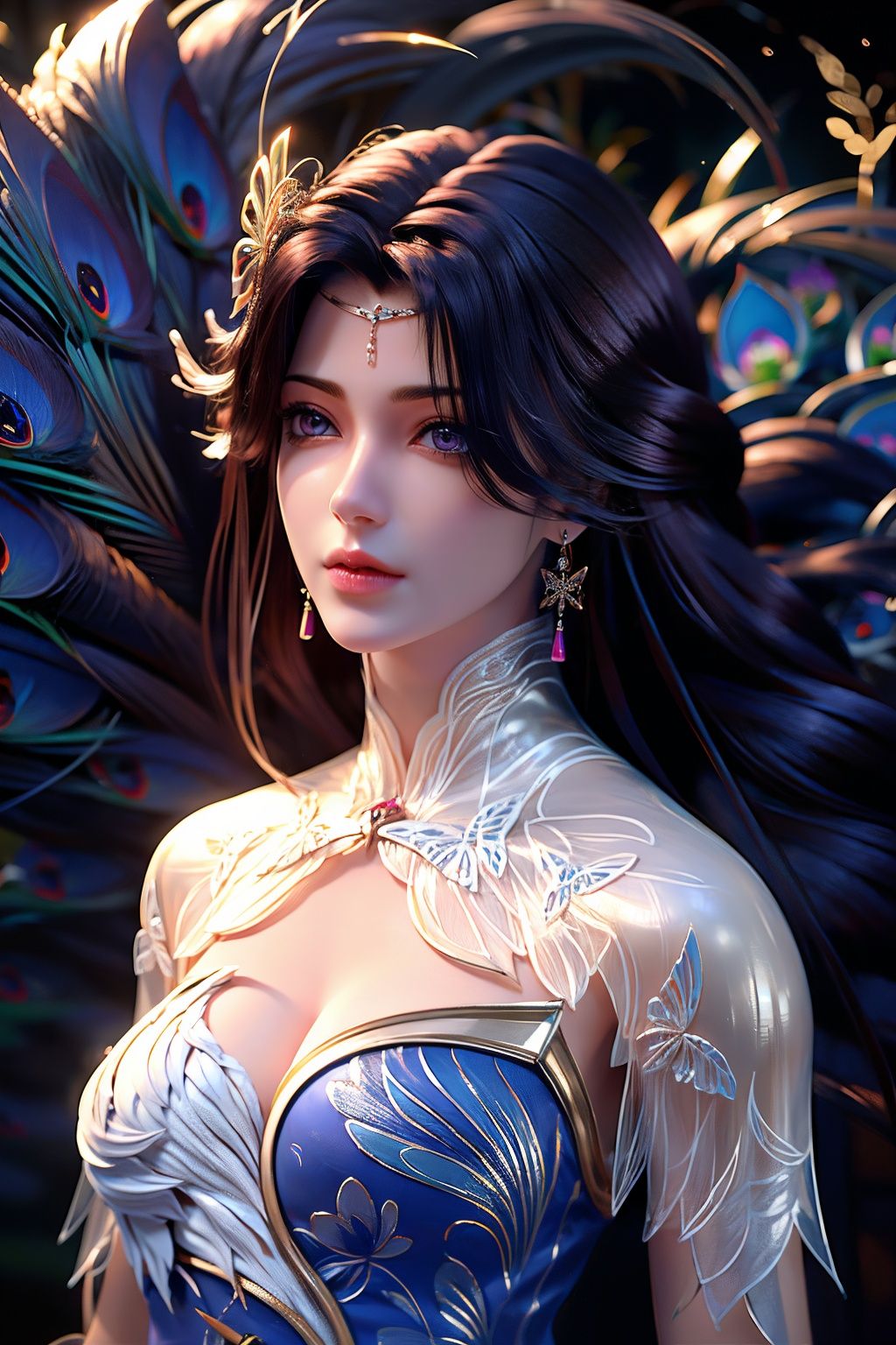 Best Quality, masterpiece, ultra-high resolution, (photo realistic: 1.4) , Surrealism, Fantastical verisimilitude, beautiful blue-skinned goddess Phoenix Peacock on her head, fantastical creation, thriller color scheme, surrealism, abstract, psychedelic, 1 girl,flower,castle,jyy-hd,1 girl,mds-hd,xwhd,yx-hd