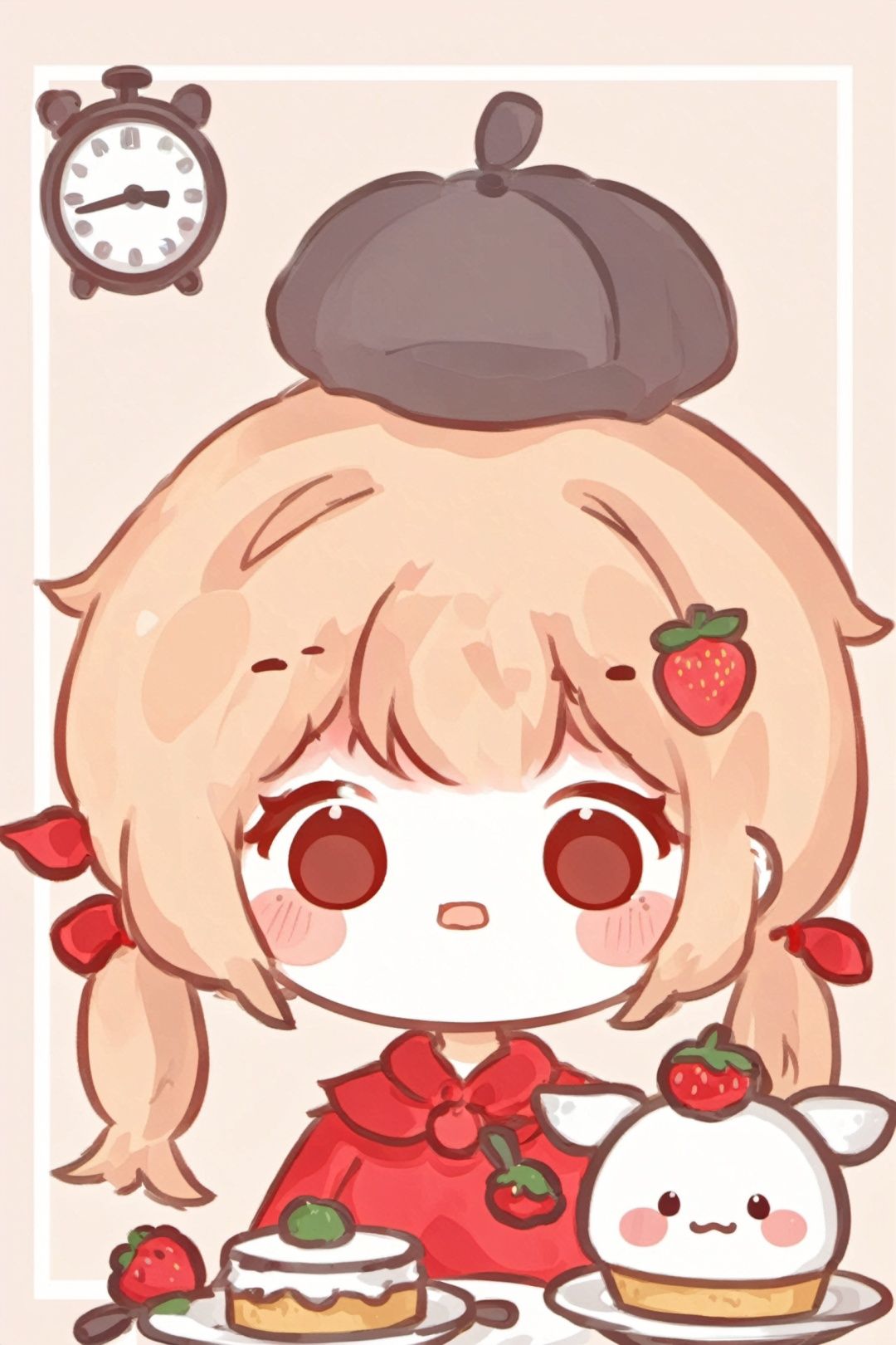 , 1girl, klee \(genshin impact\), food, hat, red headwear, gloves, clock, cake, pointy ears, chair, strawberry, cabbie hat, teacup, bangs, fruit, long sleeves, ahoge, brown gloves, cup, twintails, arm up, holding, clover print, solo, plate, hat feather, low twintails, hair between eyes, sitting, fork, long hair, open mouth, wall clock, table, light brown hair, indoors, sidelocks, dodoco \(genshin impact\), spoon, looking at viewer, bag, red coat, cake slice, orange eyes, coat, blonde hair, brown scarf, hat ornament, saucer, holding fork, red eyes, tea, scarf, feathers, strawberry shortcake, red dress, backpack, :o, teapot, window, blush