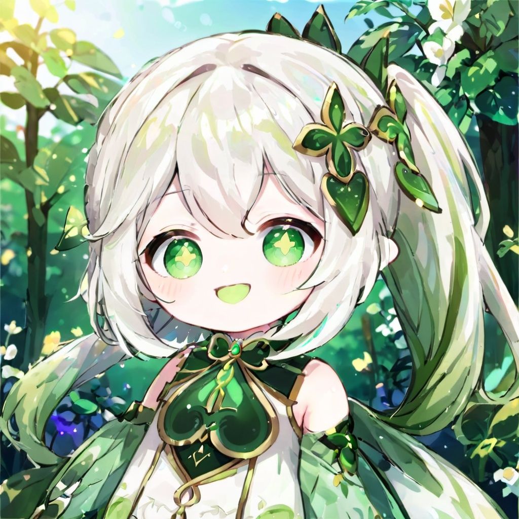(\na ** tan\),1girl, solo, dress, smile, looking at viewer, gradient hair, white dress, cross-shaped pupils, long hair, outdoors, white hair, green hair, 