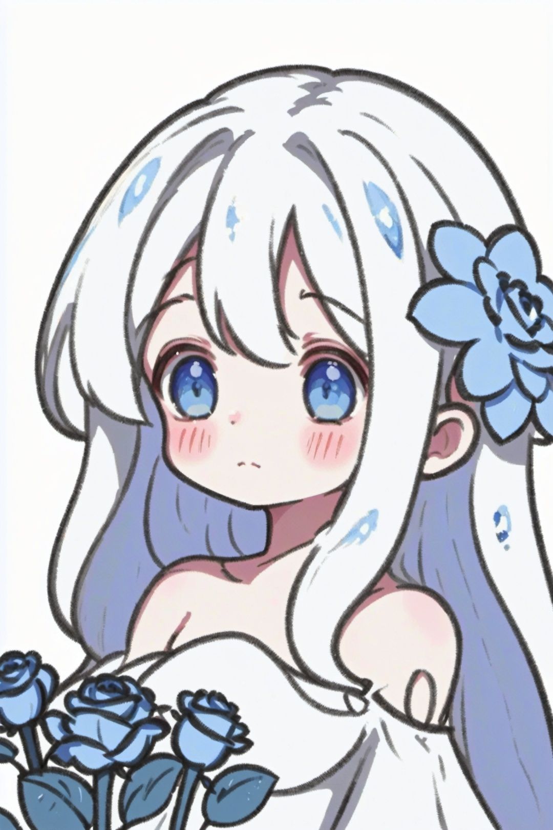 , 1girl, solo, flower, hair ornament, hair flower, blue eyes, white hair, looking at viewer, upper body, dress, rose, blue flower, bare shoulders, parted lips, long hair, breasts, petals, white dress, tattoo, from side, facial mark, bangs, lips