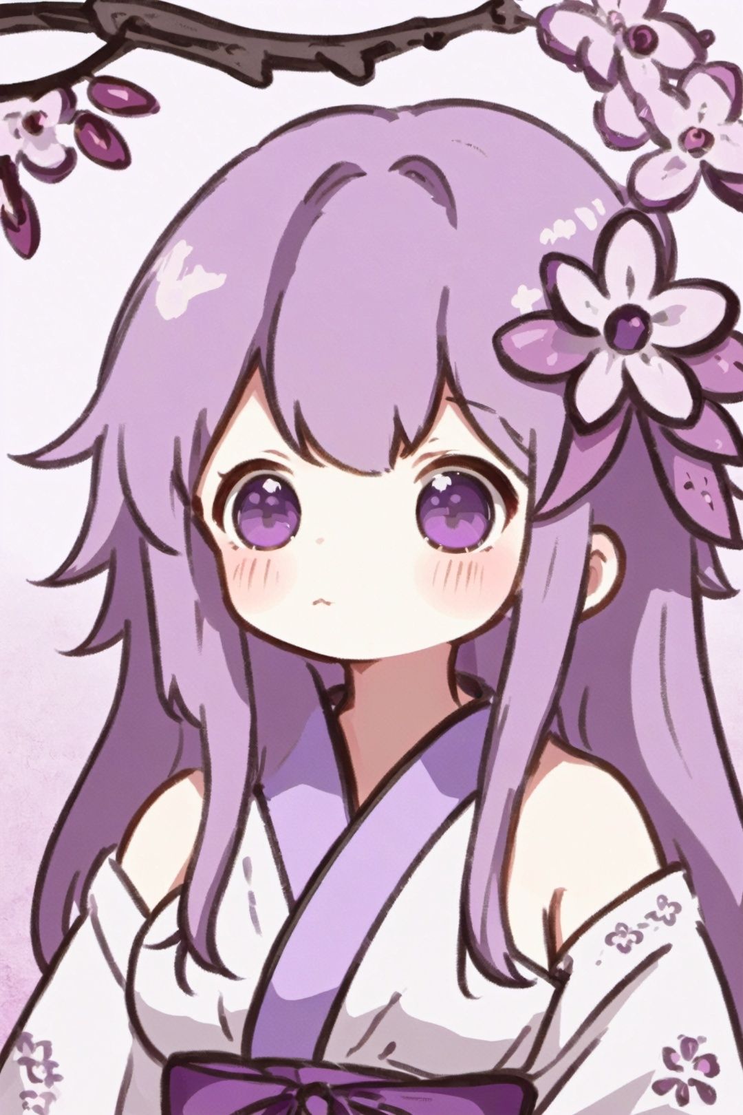 , 1girl, breasts, solo, raiden shogun, purple hair, cleavage, japanese clothes, purple eyes, kimono, mole, sash, mole under eye, looking at viewer, long hair, large breasts, obi, hair ornament, bangs, flower, obiage, purple kimono, obijime, off shoulder, parted lips, tassel, upper body, purple flower, ribbon, blurry, vision \(genshin impact\), blurry background, tomoe \(symbol\), braid, cherry blossoms, armor, bare shoulders, mitsudomoe \(shape\), shoulder armor, braided ponytail