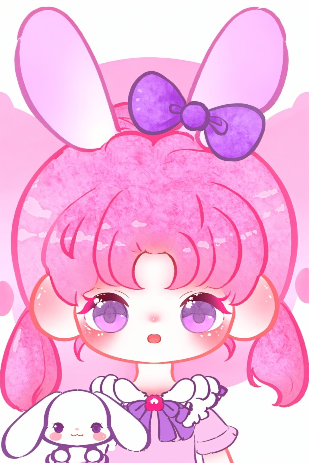 1 girl, pink hair, purple eyes, bow, pink bow, open your mouth, chibi, look at the observer, rabbit, powder blusher, bangs
